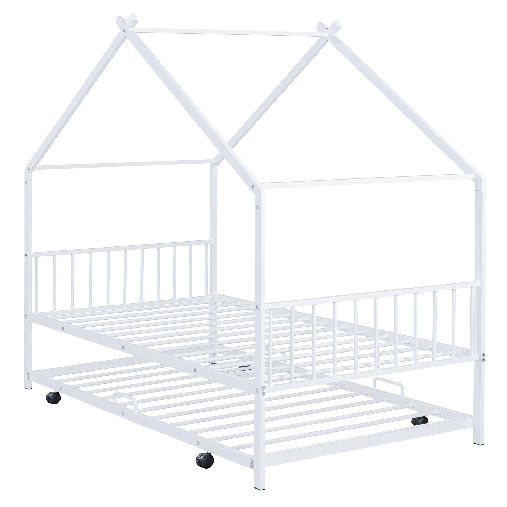 Twin Size Metal House Bed With Twin Size Trundle, White Twin White Metal