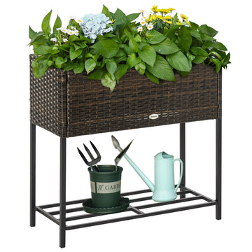 Outsunny Raised Garden Bed, Elevated Planter Box With Rattan Wicker Look, Tool Storage Shelf, Portable Design For Herbs, Vegetables, Flowers, Brown Brown Rattan