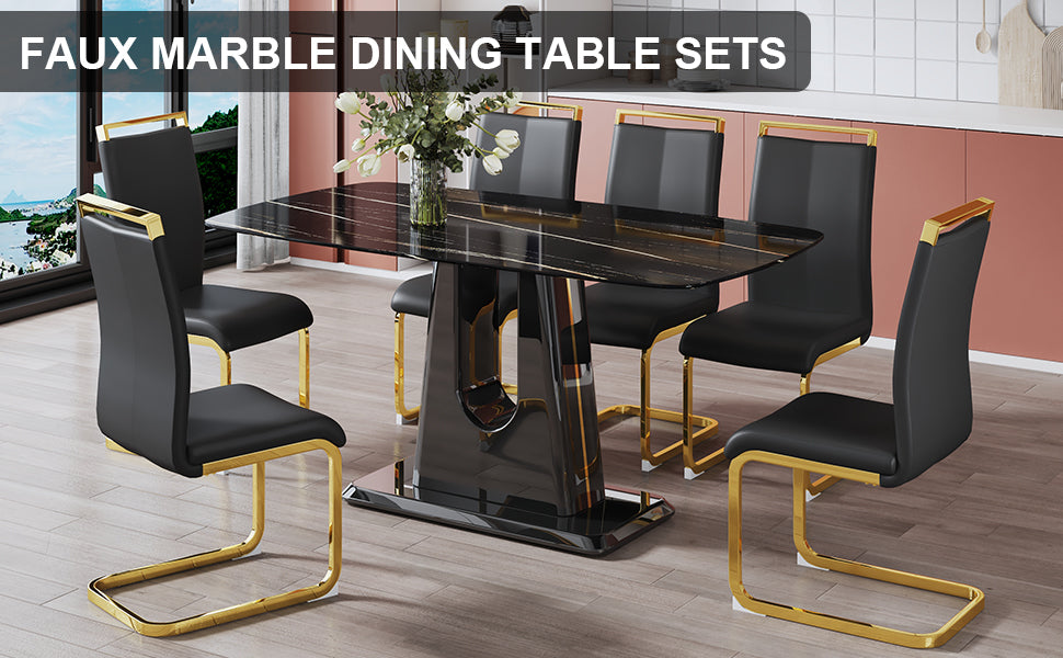 1 Table And 6 Chairs. Modern, Simple And Luxurious Black Imitation Marble Rectangular Dining Table And Desk With 6 Black Pu Gold Plated Leg Chairs 63'' X 35.4'' X 30'' Black Mdf