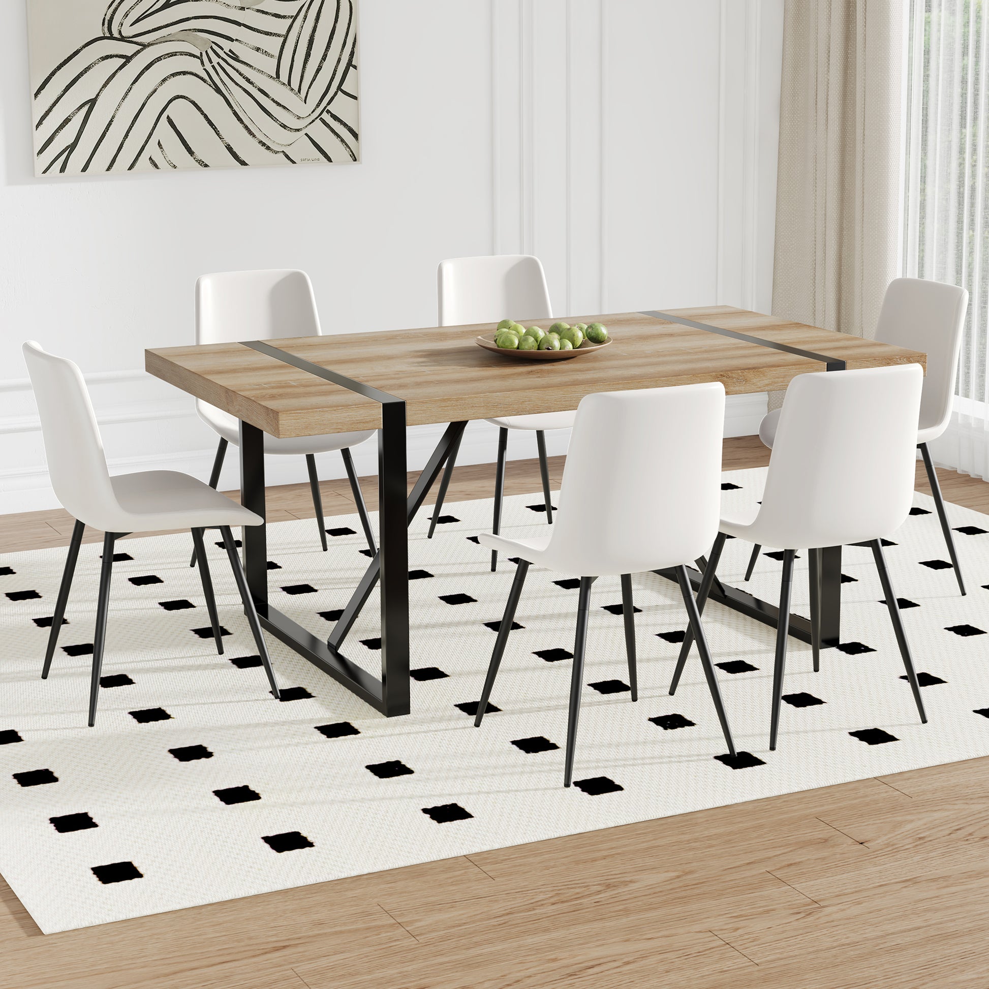 Table And Chair Set, Textured Top In Vintage Wood Color, Black Metal Legs. Dining Chair With White Faux Leather Backrest Cushion With Black Metal Legs. Wood Seats 6 Mdf Metal