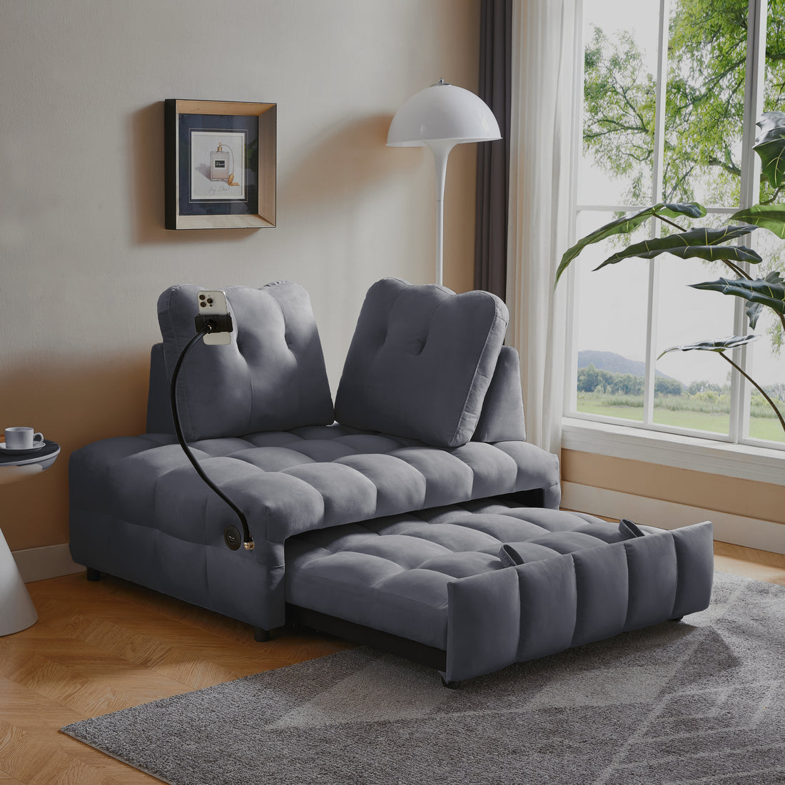 Modern Sofa Velvet Pull Out Bed,Independently Removable Backrest, Have Usb Port And Swivel Phone Stand ,Gray Gray Wood Velvet 2 Seat