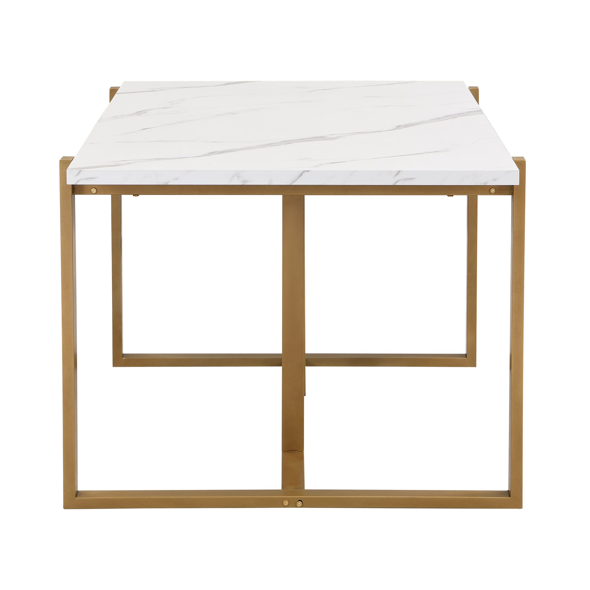 Modern Dining Table Set For 6 Faux Marble Kitchen Table Set With 6 Upholstered Dining Chairs, 7 Piece, White Golden Metal Dining Room Fixed Table Rectangular Dining Table With Chair And Bench Metal