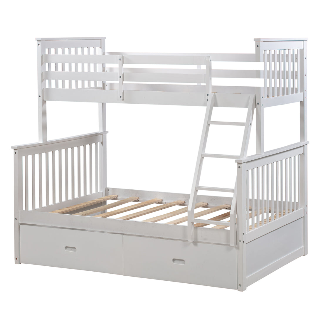 Twin Over Full Bunk Bed With Storage Drawers, Wooden Bunk Bed With Ladder And Safety Guard Rails White Full White Wood