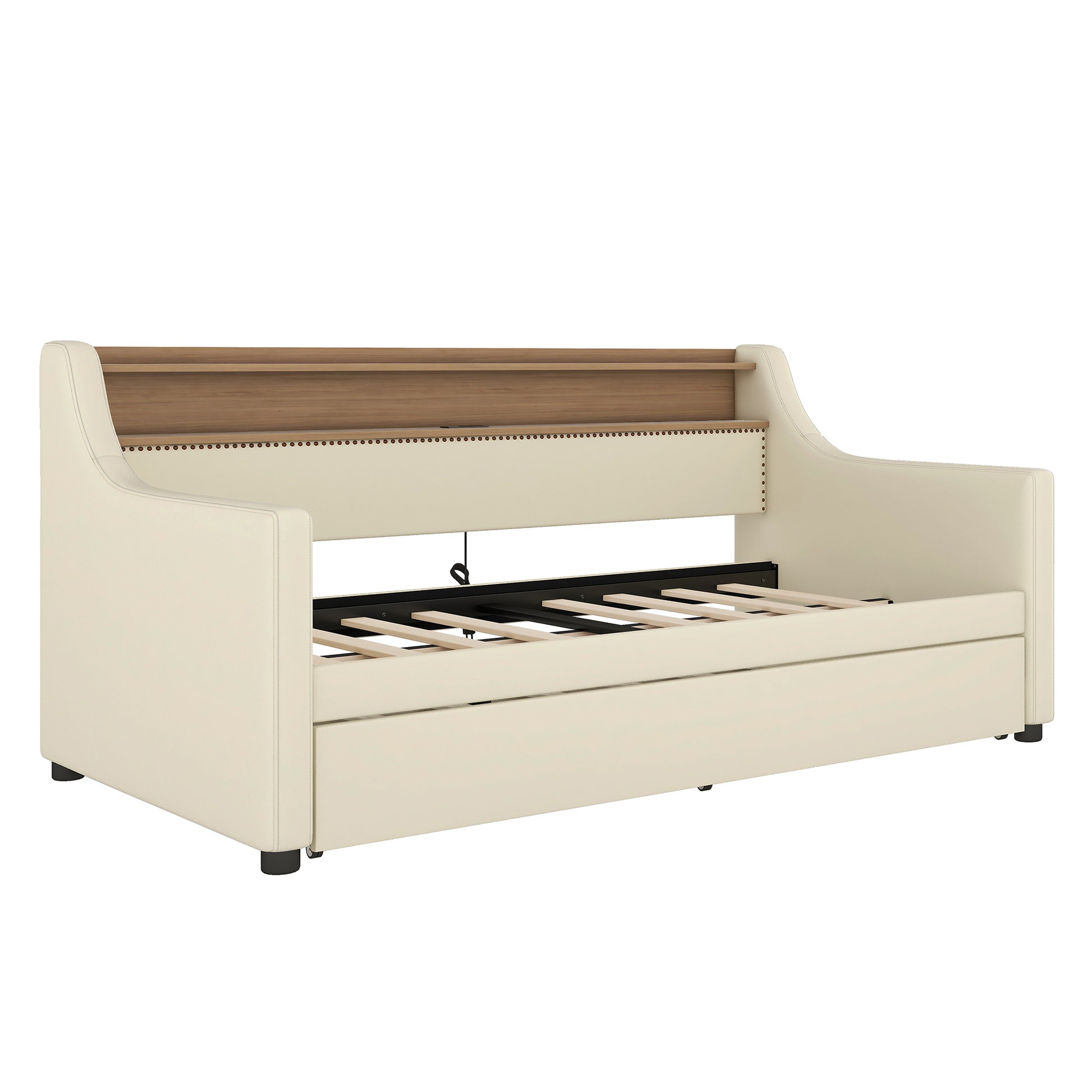 Twin Size Daybed With Trundle, Upholstered Daybed With Charging Station And Led Lights, Beige Expect Arrive Date:May 20Th. Twin Beige Pu Leather