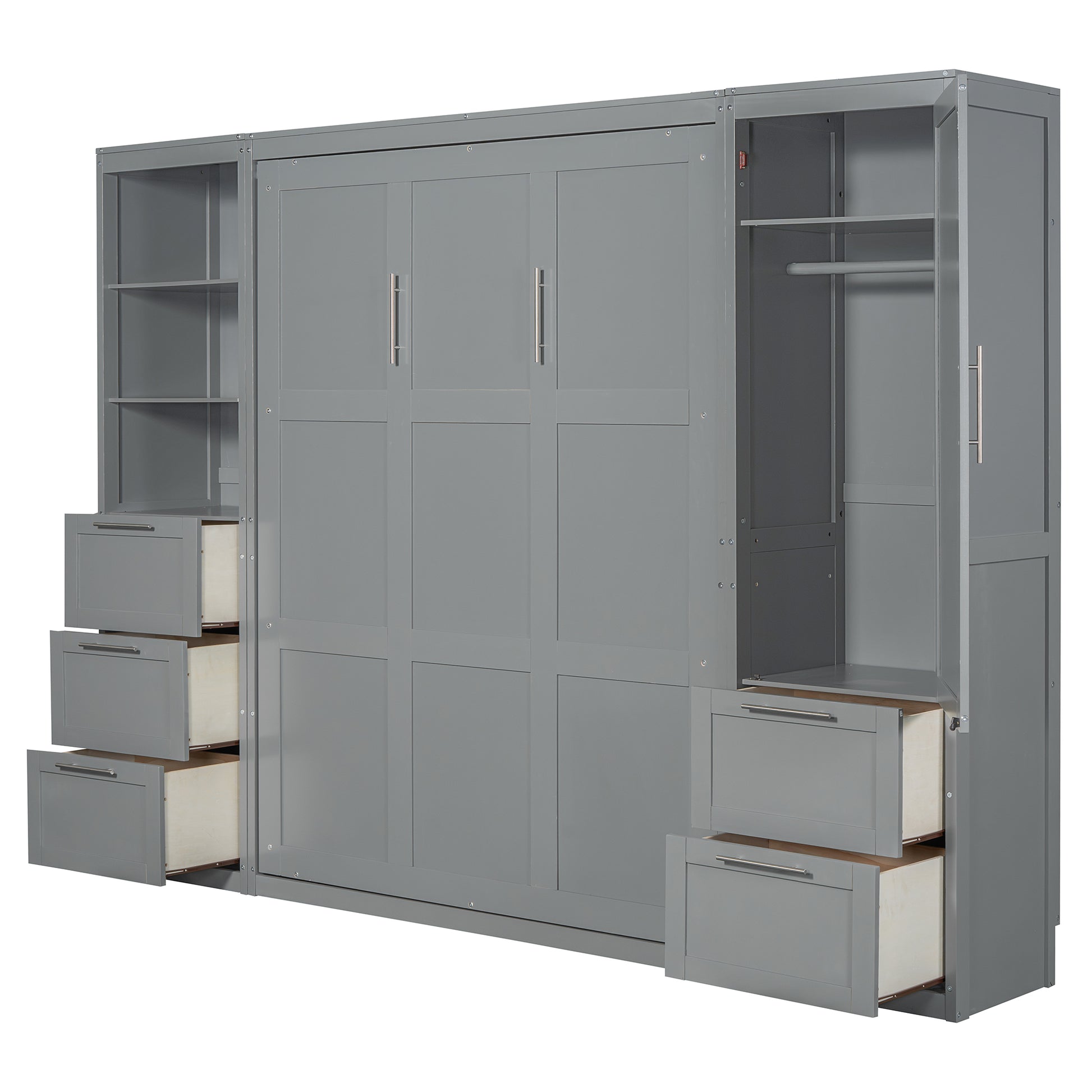 Queen Size Murphy Bed Wall Bed With Closet ,Drawers And Shelves,Gray Queen Gray Mdf Lvl