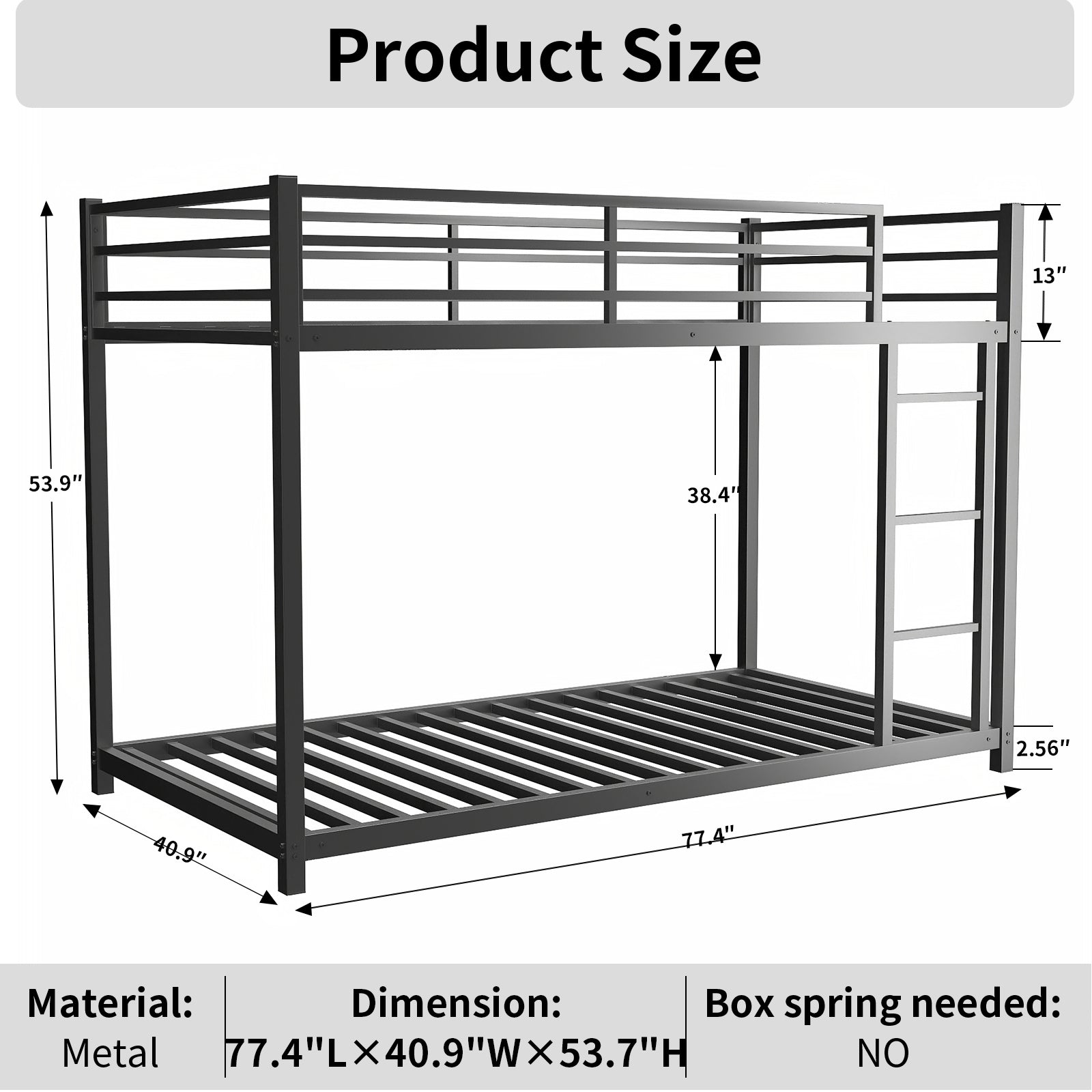 Metal Twin Over Full Bunk Bed Heavy Duty Sturdy Metal Noise Reduced Safety Guardrail No Box Spring Needed,Black Twin Black Metal Metal