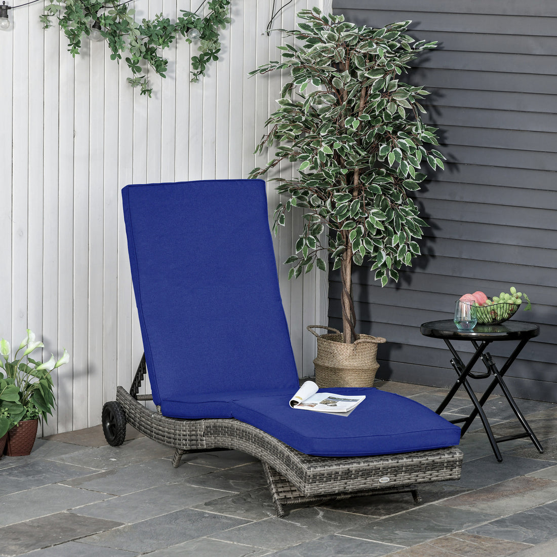 Outsunny Chaise Lounge Pool Chair, Outdoor Pe Rattan Cushioned Patio Sun Lounger W 5 Level Adjustable Backrest & Wheels For Easy Movement, Wicker, Dark Blue Blue Steel