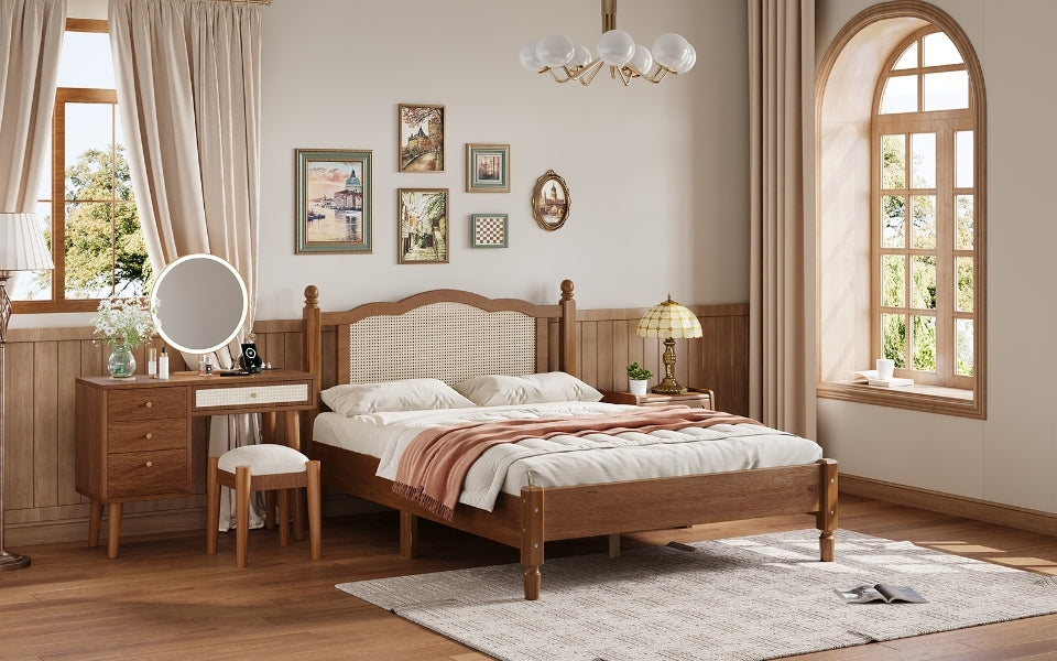 3 Pieces Bedroom Set With Full Size Wooden Bed Frame, 1 Vintage Nightstand And 1 Makeup Vanity Set With Stool,Walnut Full Walnut 3 Piece Set Wood