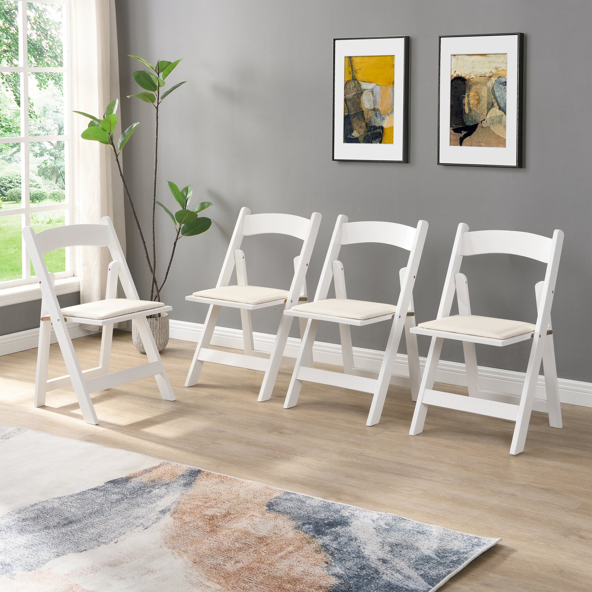 Upholstered Folding Chair,Space Saving, Easy To Carry, ,4Pcs,Beige Cushion White Shelf,Dining Room Beige White Wood