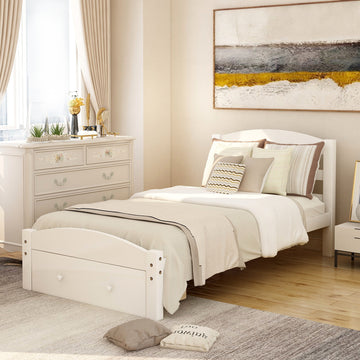Platform Twin Bed Frame With Storage Drawer And Wood Slat Support No Box Spring Needed, White White Solid Wood