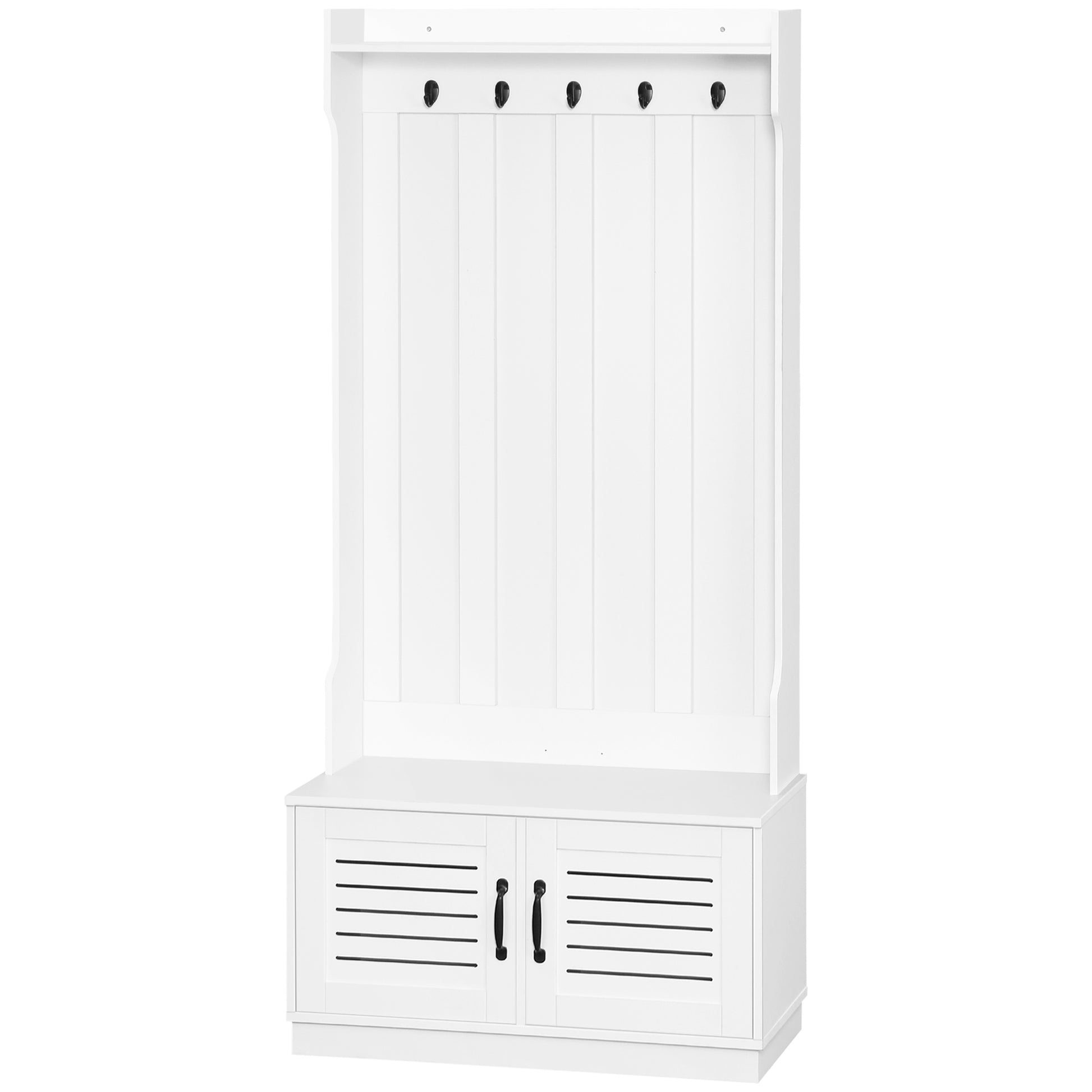 Homcom Modern Hall Tree, Entryway Coat Rack With Shoe Bench, 5 Hooks, Storage Shelf And Slatted Door Cabinet For Hallway, White White Particle Board