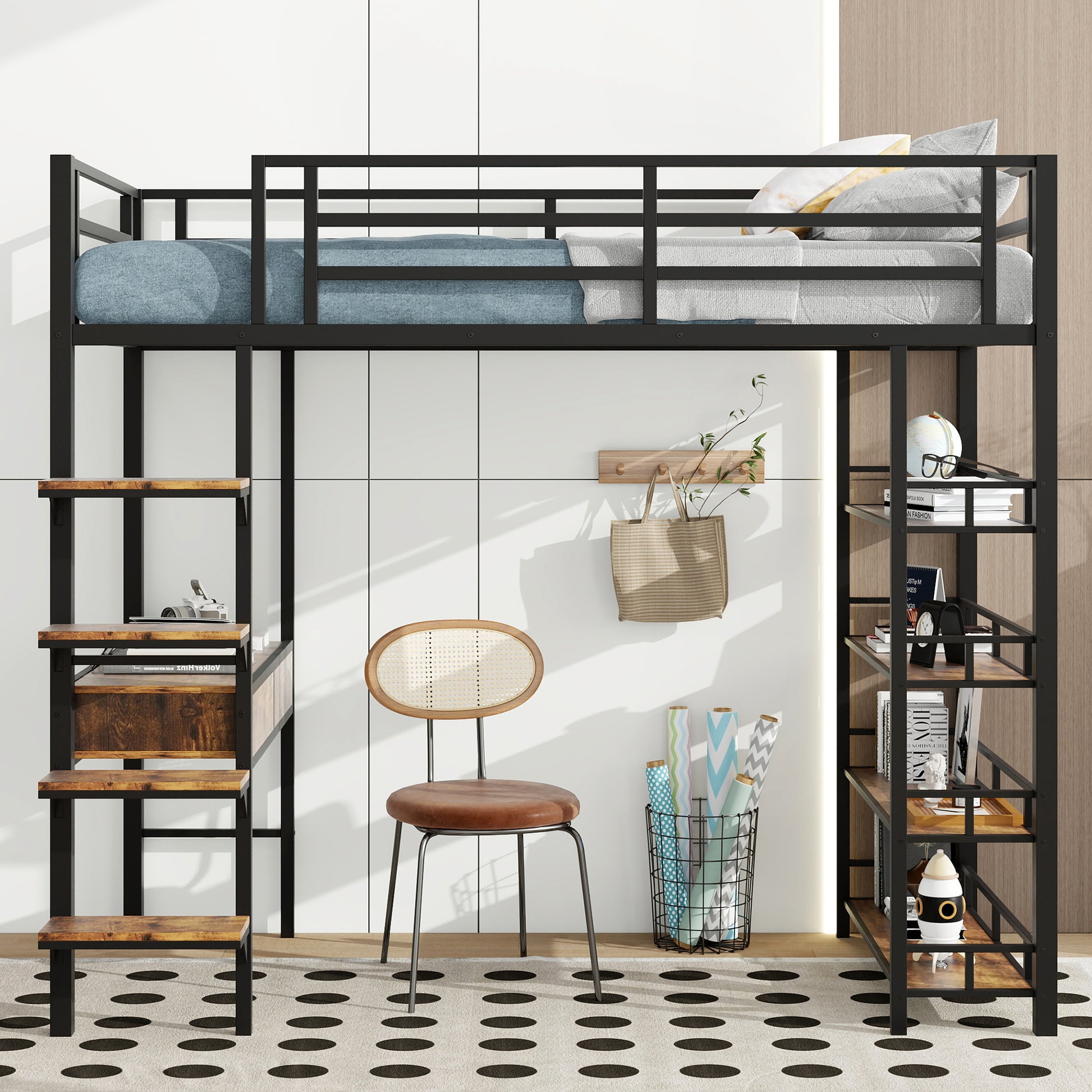Twin Size Metal Loft Bed With Desk And Shelves, Black Box Spring Not Required Twin Black Metal Solid Wood Mdf
