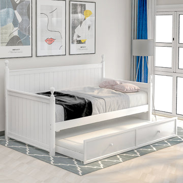 Twin Size Wood Daybed With Twin Size Trundle White Twin White Solid Wood