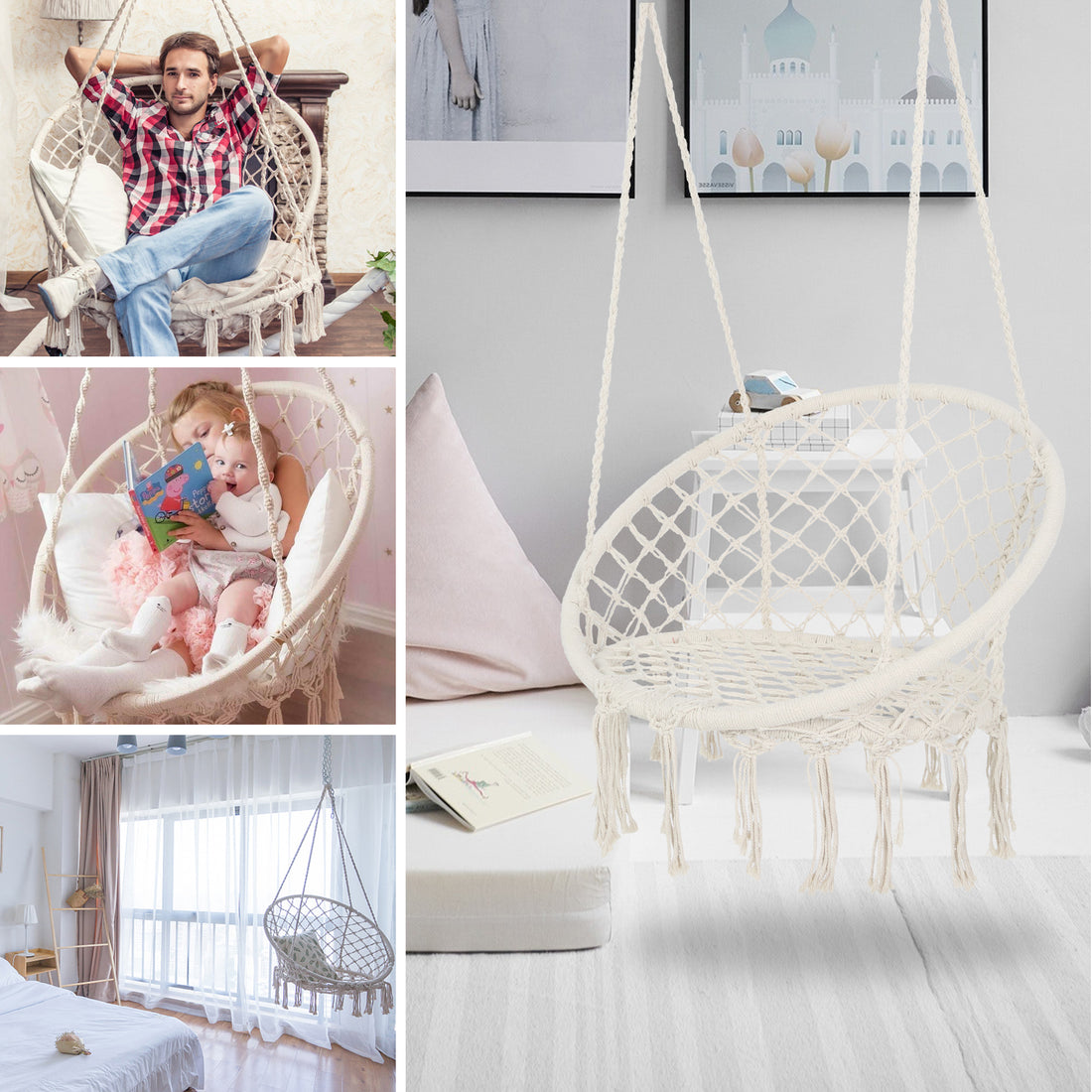 Hammock Chair Macrame Swing Max 330 Lbs Hanging Cotton Rope Hammock Swing Chair For Indoor And Outdoor Beige Cotton