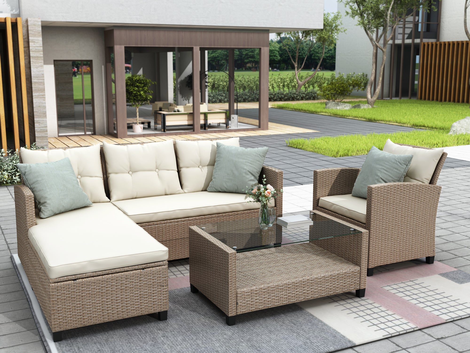 Outdoor, Patio Furniture Sets, 4 Piece Conversation Set Wicker Ratten Sectional Sofa With Seat Cushions Beige Brown Beige Rattan