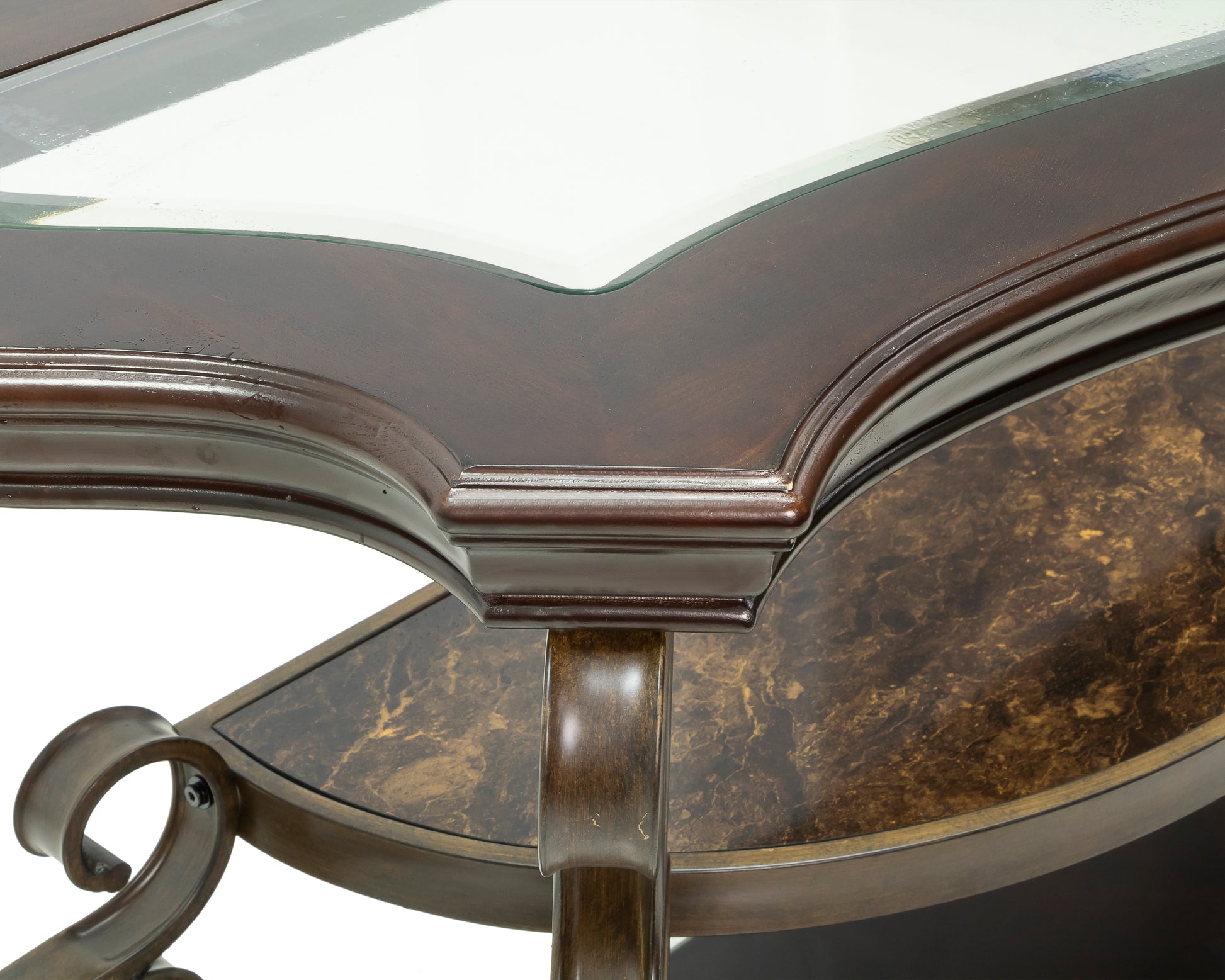 Sofa Table, Glass Table Top, Mdf W Marble Paper Middle Shelf, Powder Coat Finish Metal Legs. 54"Lx20"Wx30"H Brown Glass