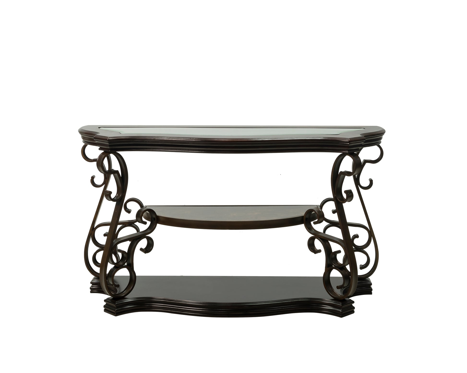 Sofa Table, Glass Table Top, Mdf W Marble Paper Middle Shelf, Powder Coat Finish Metal Legs. 54"Lx20"Wx30"H Brown Glass