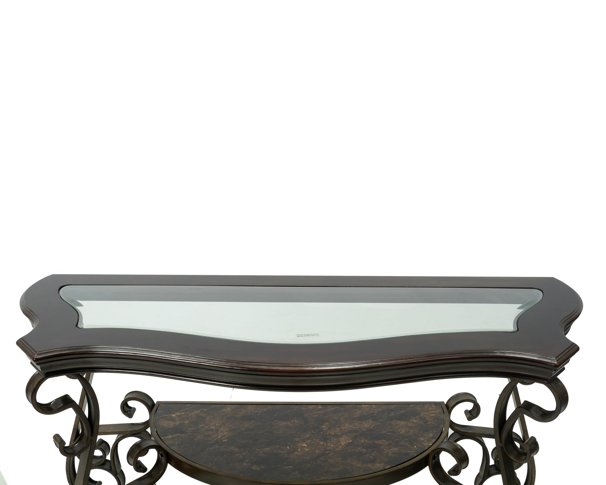 Sofa Table, Glass Table Top, Mdf W Marble Paper Middle Shelf, Powder Coat Finish Metal Legs. 54"Lx20"Wx30"H Brown Glass