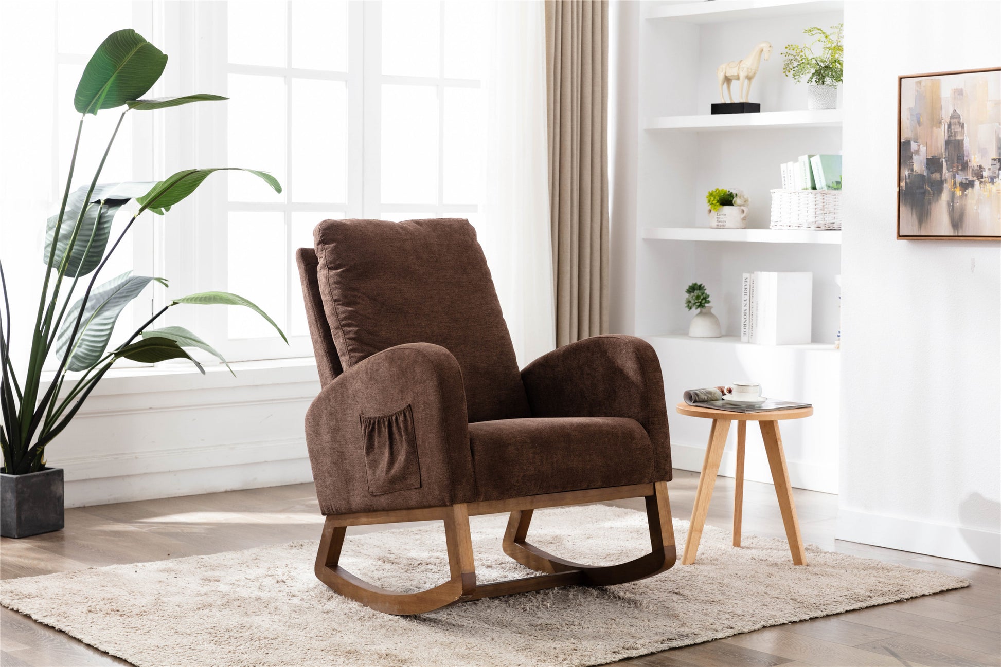 Coolmore Rocking Chair, Modern Glider Chair, Recliner Armchair With Wood Legs And Side Pocket, Nursery Rocking Accent Chair With High Back For Living Room Bedroom Coffee Linen Coffee Foam Solid Wood