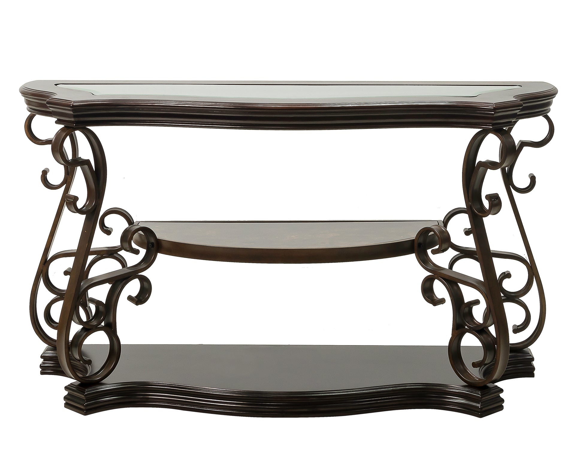 Sofa Table, Glass Table Top, Mdf W Marble Paper Middle Shelf, Powder Coat Finish Metal Legs. 54"Lx20"Wx30"H Brown Glass
