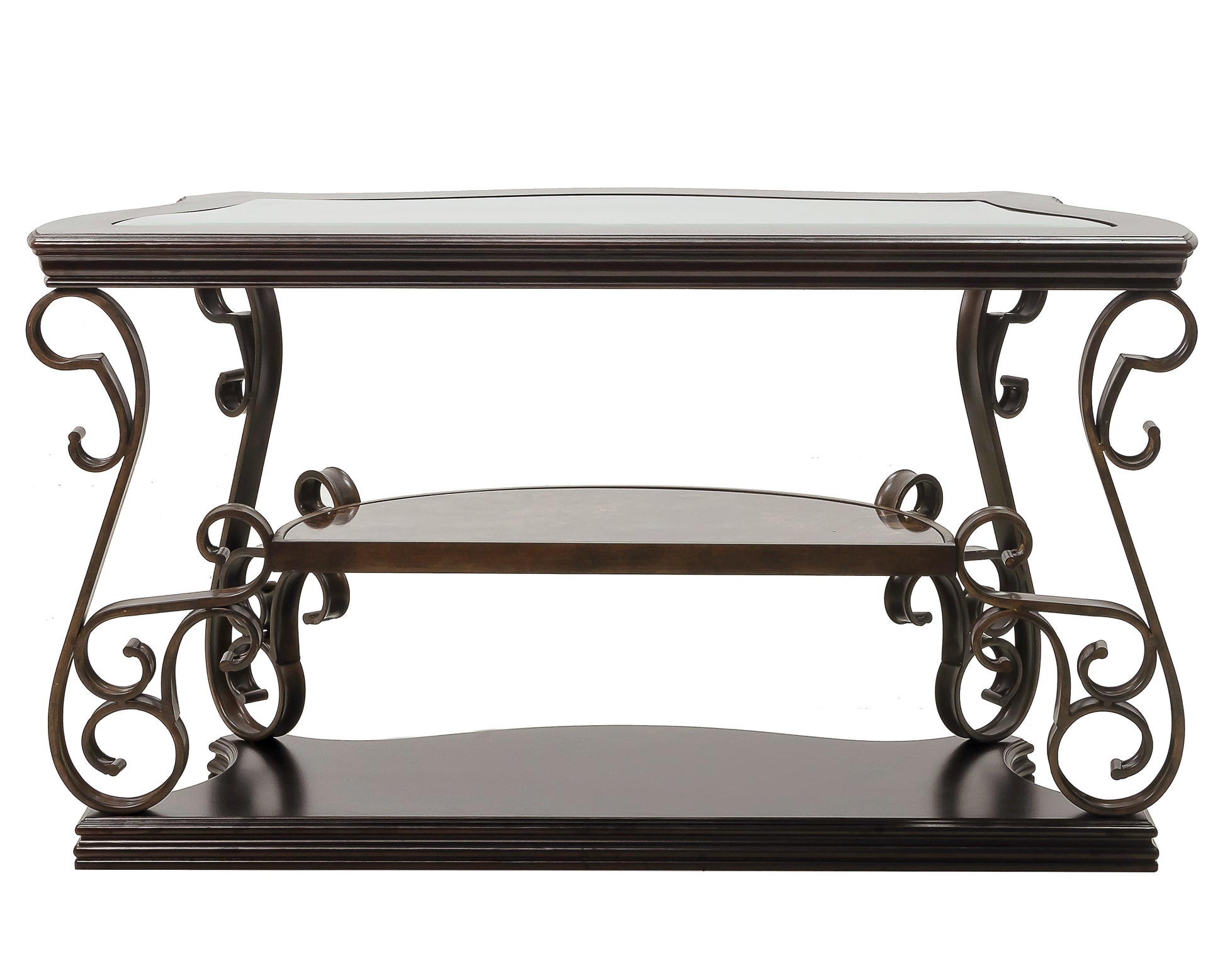 Sofa Table, Glass Table Top, Mdf W Marble Paper Middle Shelf, Powder Coat Finish Metal Legs. 54"Lx20"Wx30"H Brown Glass