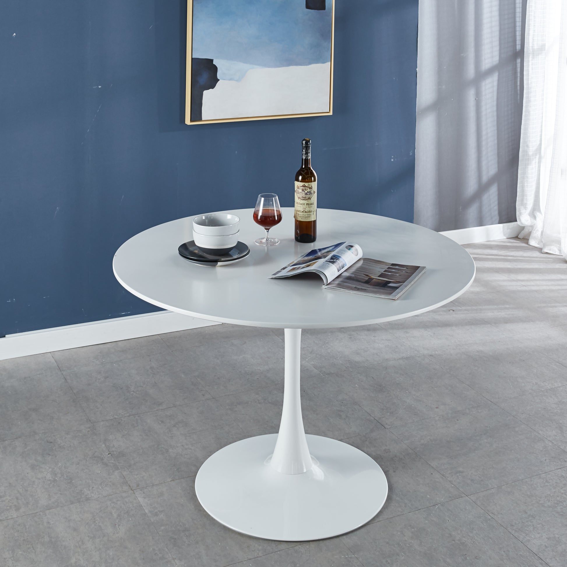42.1"White Tulip Table Mid Century Dining Table For 4 6 People With Round Mdf Table Top, Pedestal Dining Table, End Table Leisure Coffee Table White Mdf