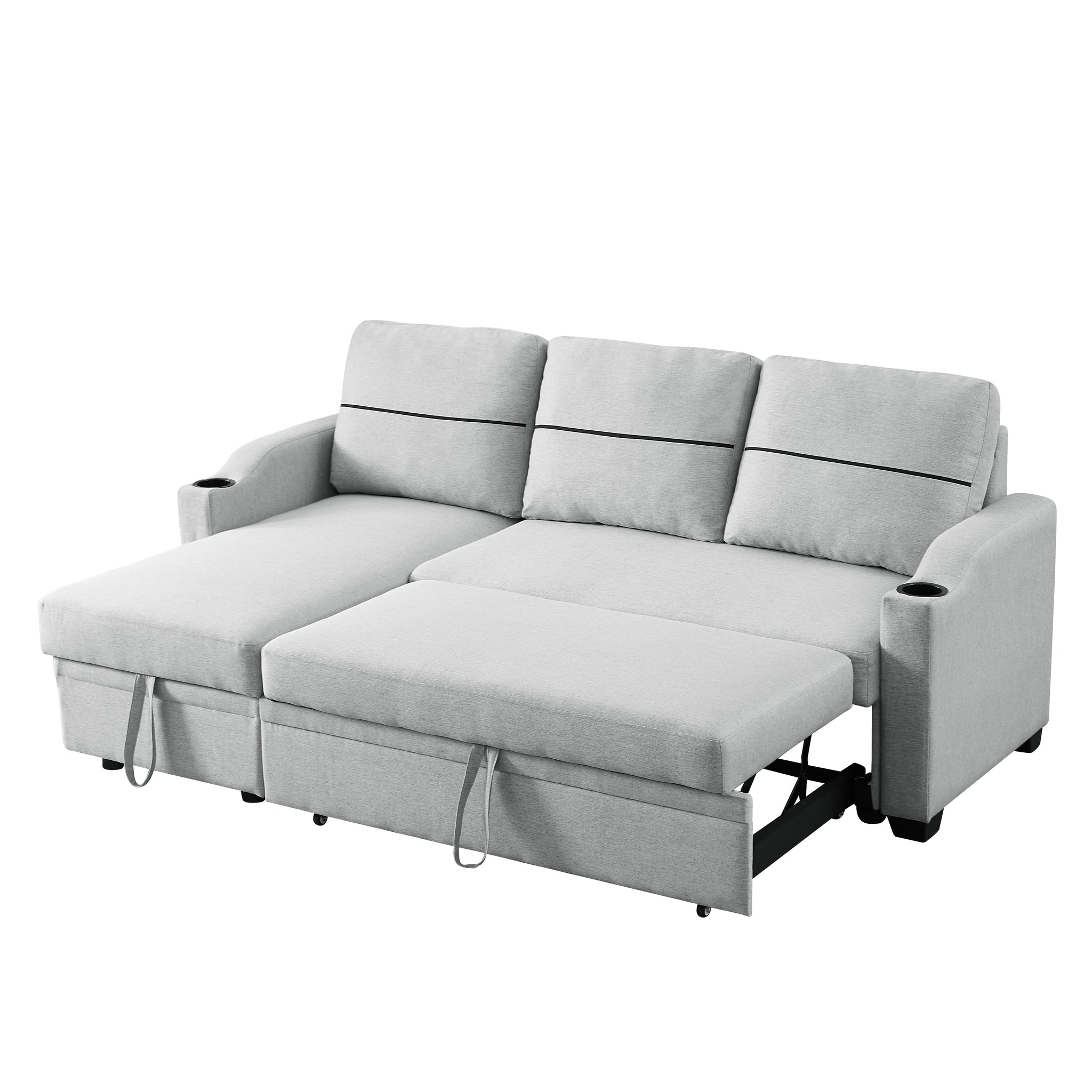 9191 Light Gray Pull Out Storage Sofa Gray Linen 4 Seat
