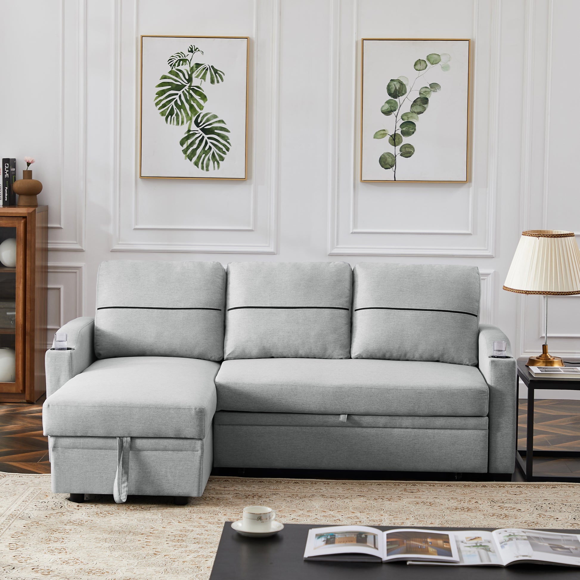 9191 Light Gray Pull Out Storage Sofa Gray Linen 4 Seat