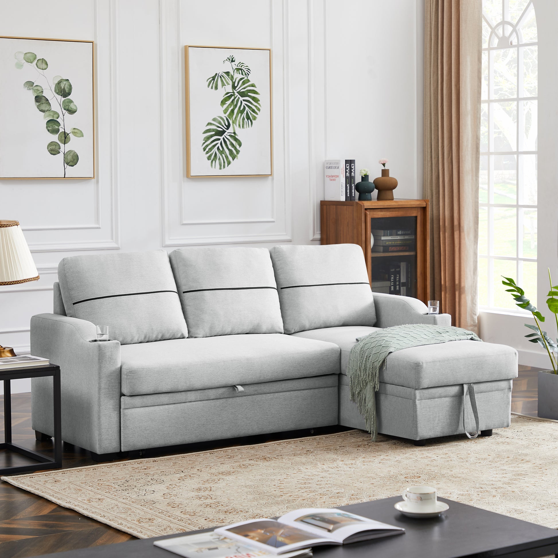 9191 Light Gray Pull Out Storage Sofa Gray Linen 4 Seat