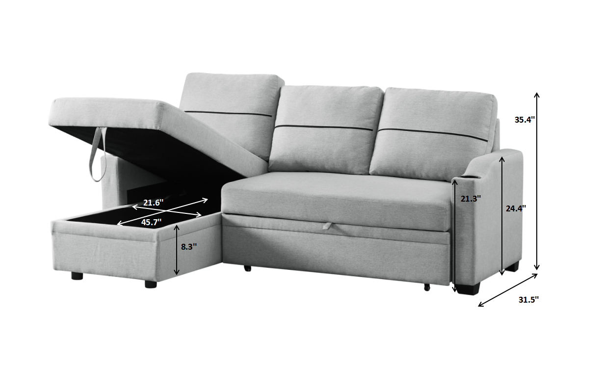 9191 Light Gray Pull Out Storage Sofa Gray Linen 4 Seat