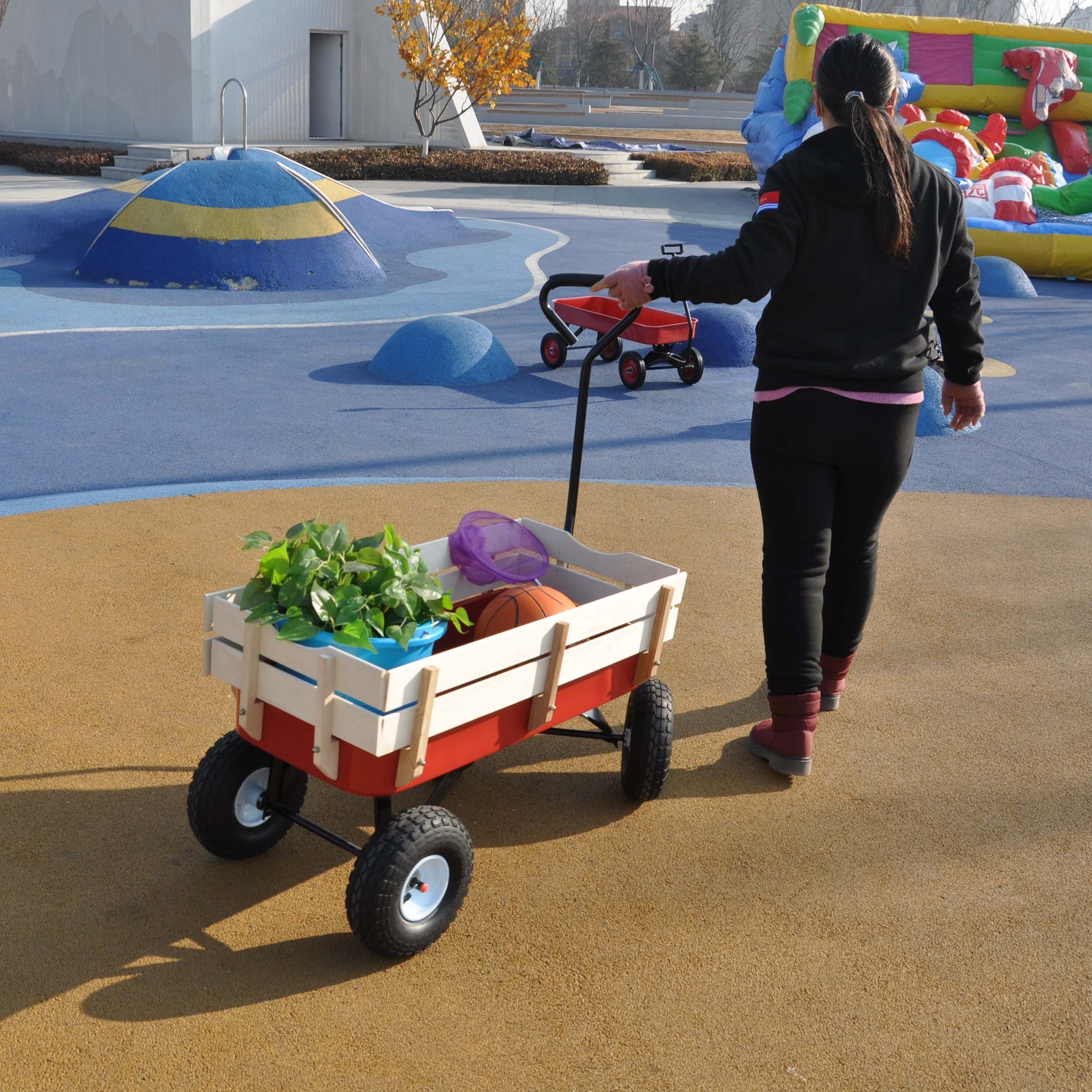 Outdoor Wagon All Terrain Pulling Wood Railing Air Tires Garden Cart Red White Red Garden & Outdoor Metal