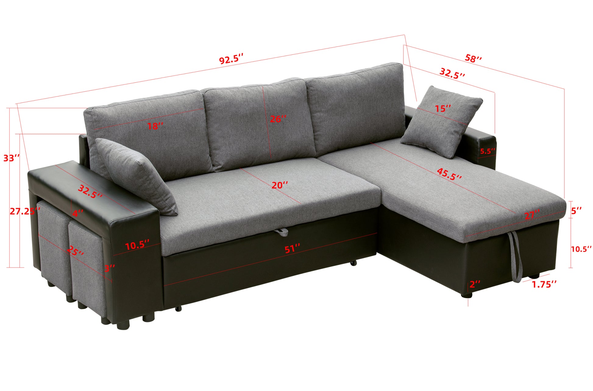 Artemax 92.5 Inchlinen Reversible Sleeper Sectional Sofa With Storage And 2 Stools Steel Gray Grey Foam Fabric