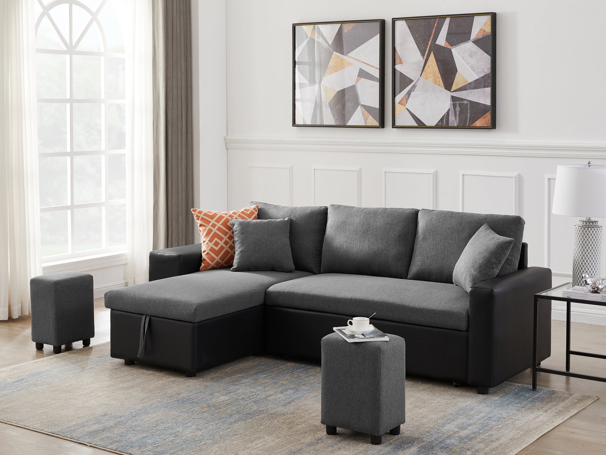 Artemax 92.5 Inchlinen Reversible Sleeper Sectional Sofa With Storage And 2 Stools Steel Gray Grey Foam Fabric