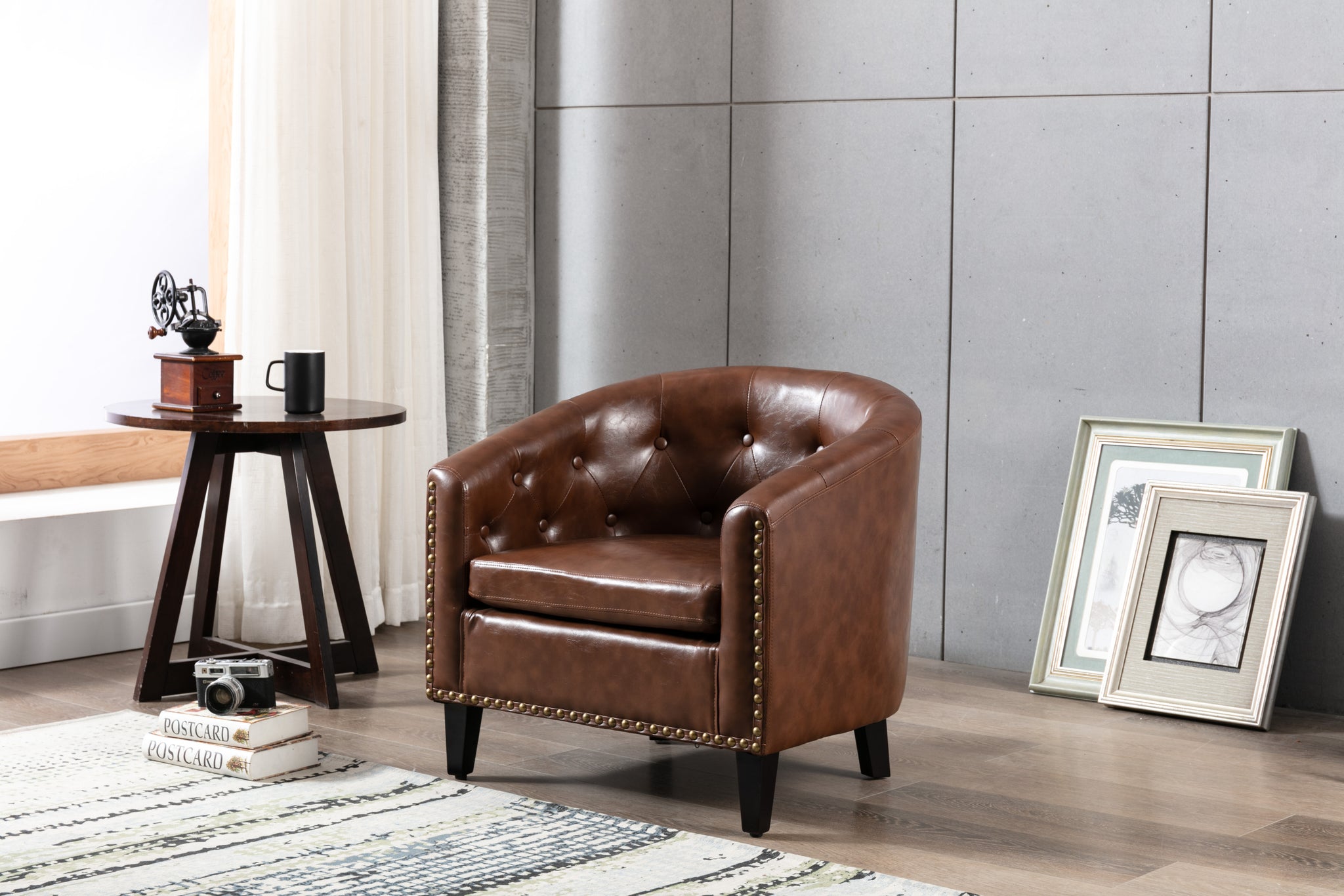 Pu Leather Tufted Barrel Chairtub Chair For Living Room Bedroom Club Chairs Dark Brown Pu