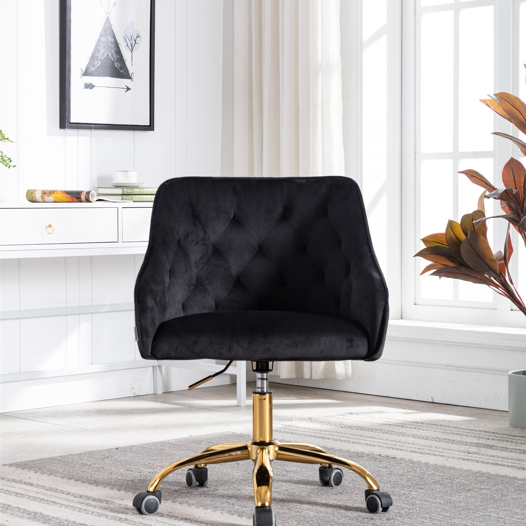 Coolmore Velvet Home Office Desk Chair, Modern Cute Computer Chair, Wheels Swivel Height Adjustable Swivel Task Chair For Home Office Black Velvet Black Foam Metal