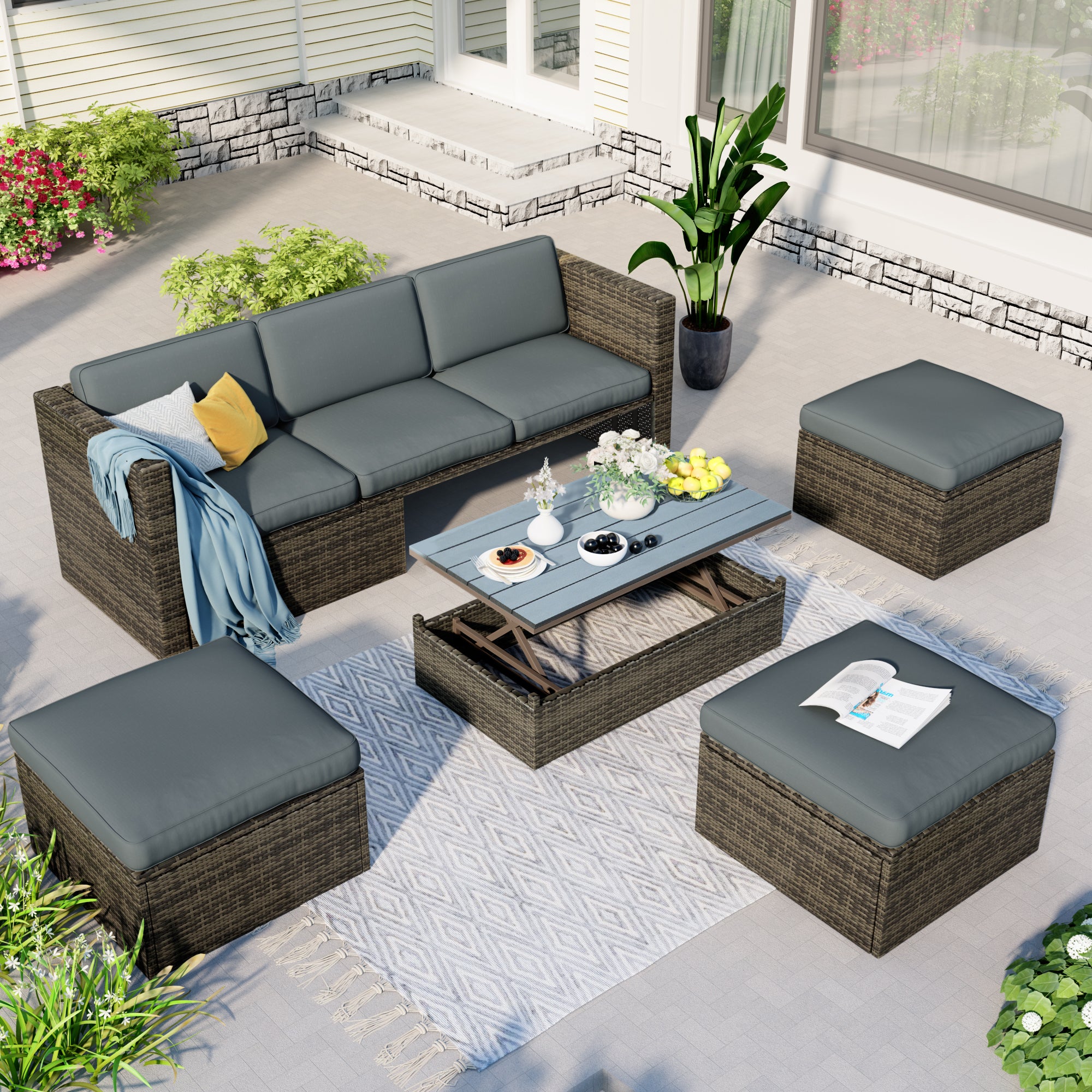 Patio Furniture Sets, 5 Piece Patio Wicker Sofa With Adustable Backrest, Cushions, Ottomans And Lift Top Coffee Table Gray Rattan