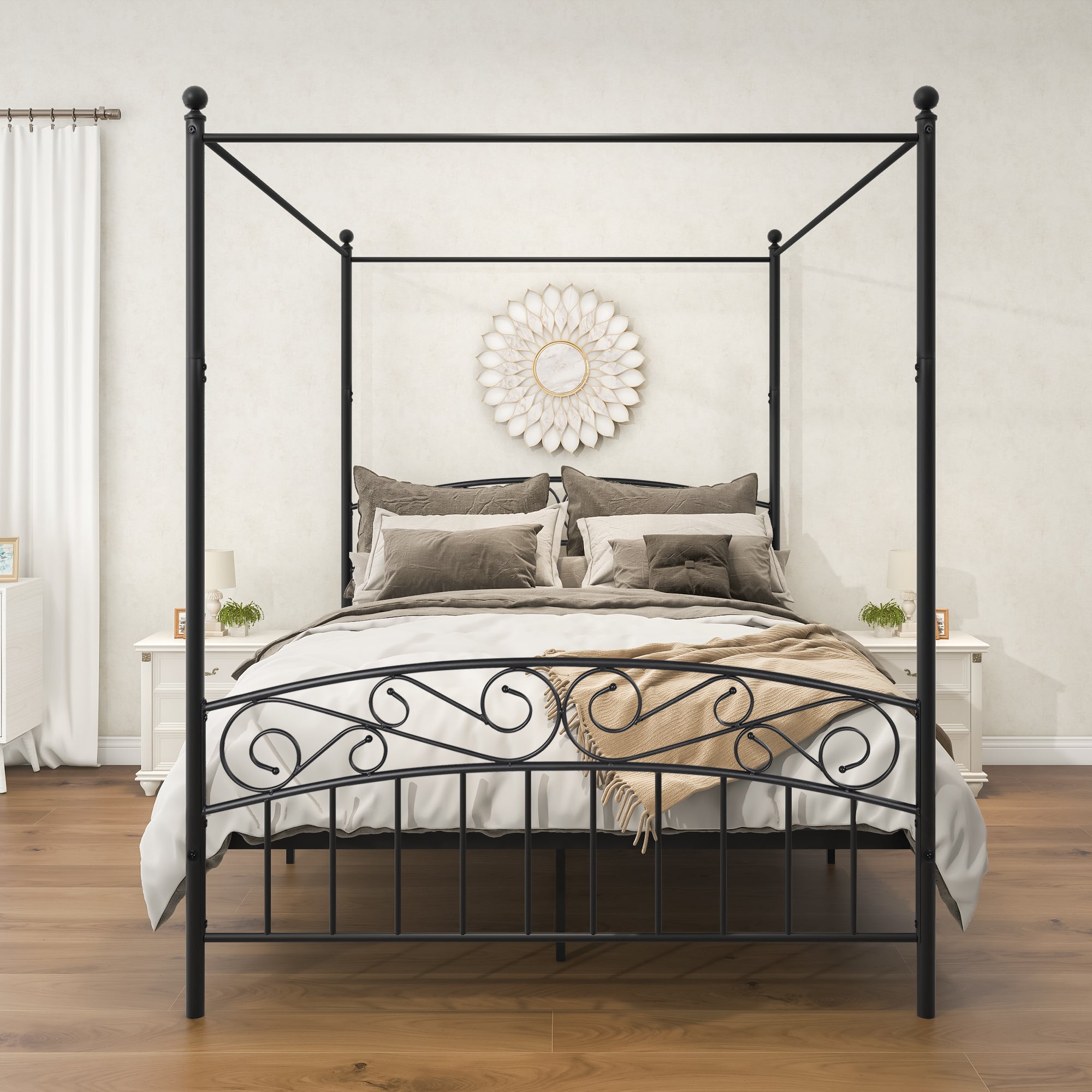 Queen Size Metal Canopy Bed Frame With Headboard And Footboard Black Box Spring Not Required Queen Black Metal Bedroom Bed Frame Metal
