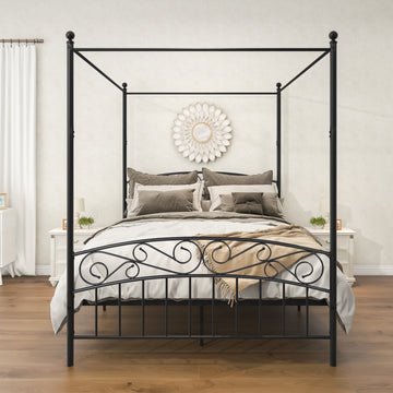 Queen Size Metal Canopy Bed Frame With Headboard And Footboard Black Box Spring Not Required Queen Black Metal Bedroom Bed Frame Metal