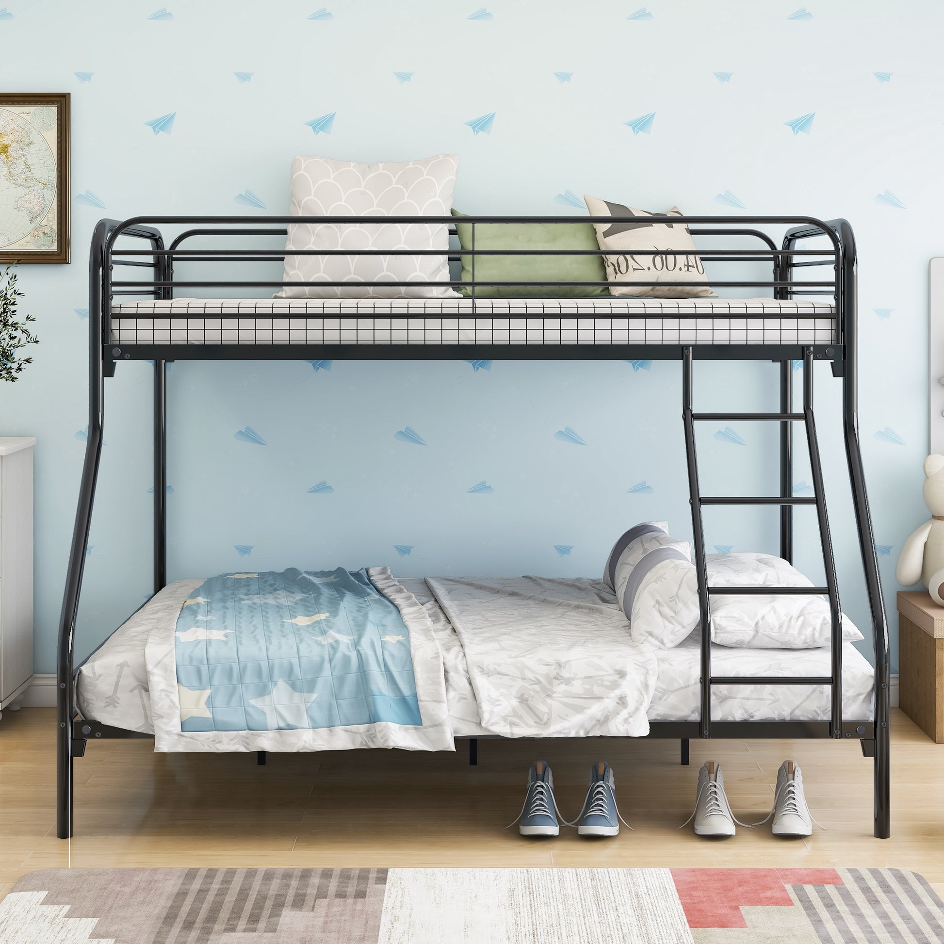 Heavy Duty Twin Over Full Metal Bunk Bed, Easy Assembly With Enhanced Upper Level Guardrail, Black Box Spring Not Required Twin Black Metal Bedroom Bunk Metal