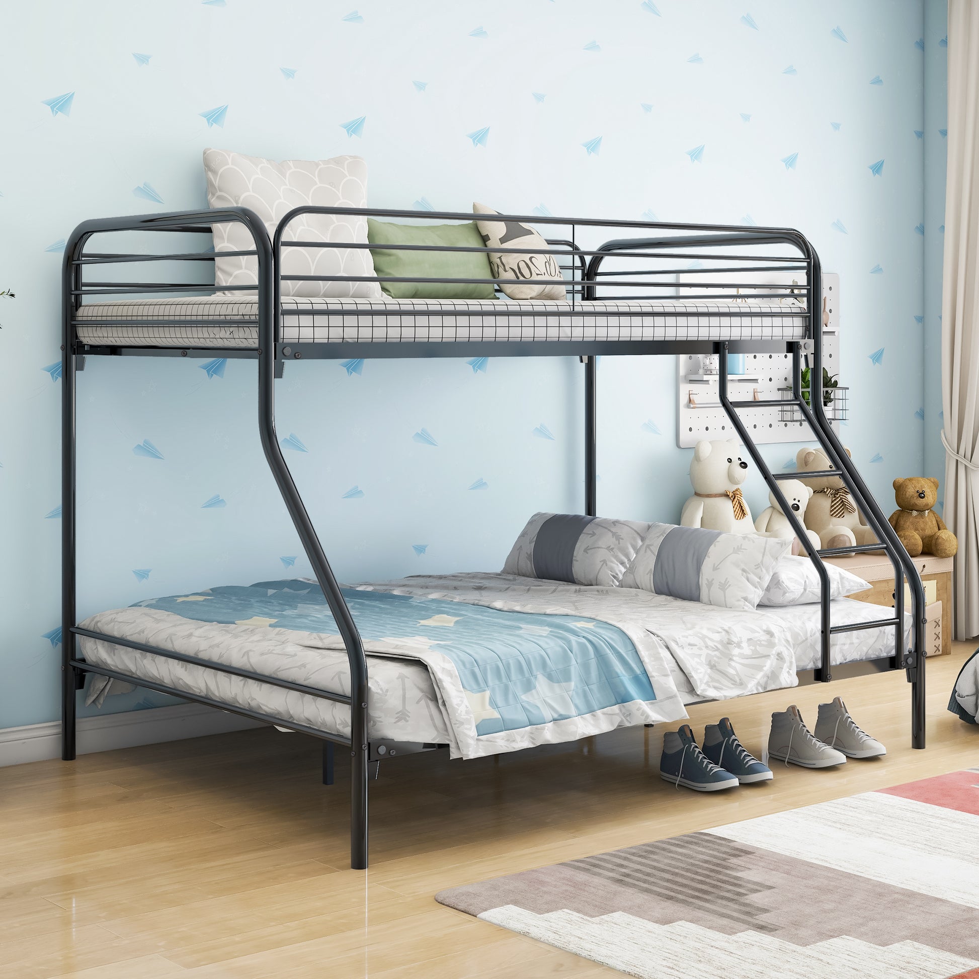 Heavy Duty Twin Over Full Metal Bunk Bed, Easy Assembly With Enhanced Upper Level Guardrail, Black Box Spring Not Required Twin Black Metal Bedroom Bunk Metal