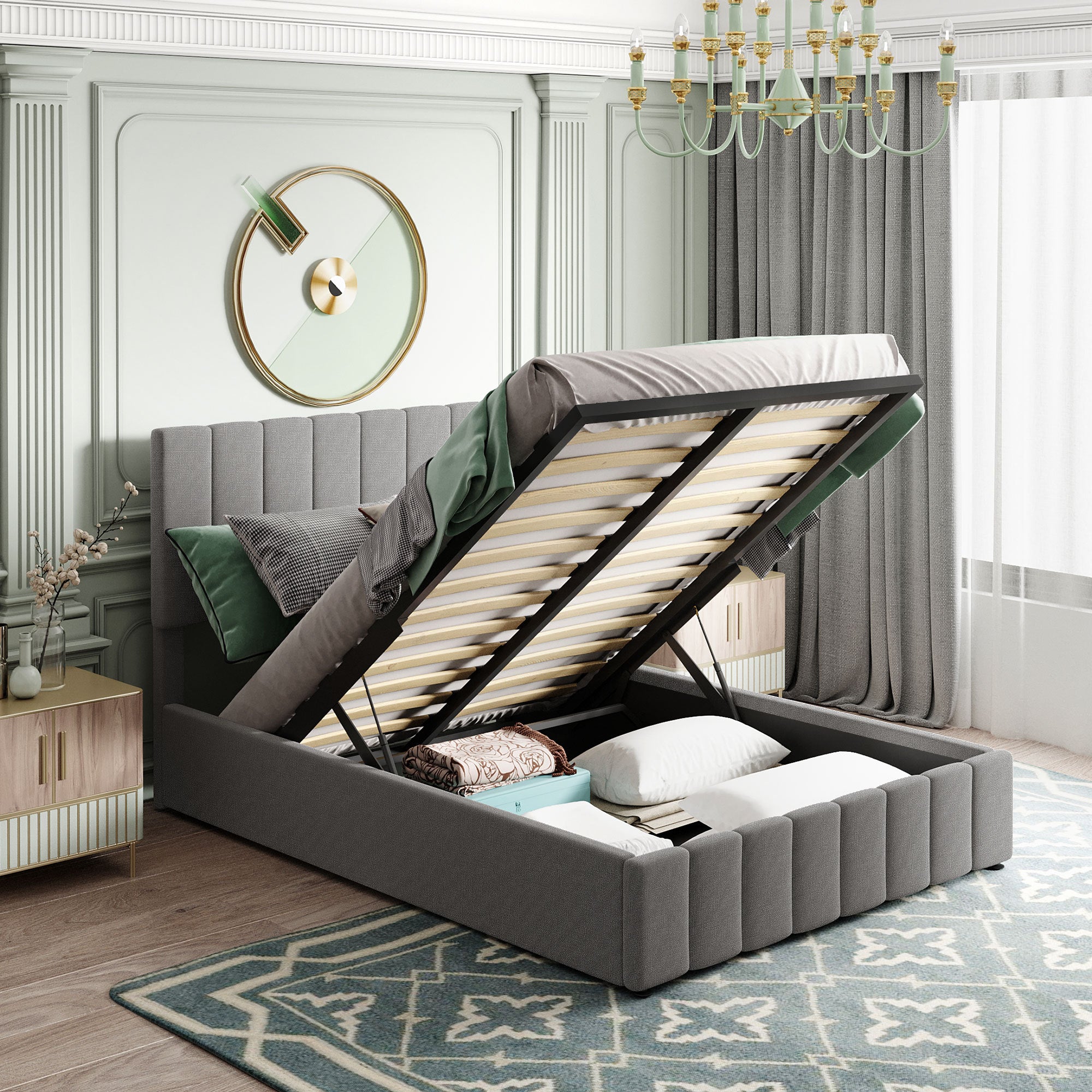Full Size Upholstered Platform Bed With A Hydraulic Storage System Gray Gray Upholstered