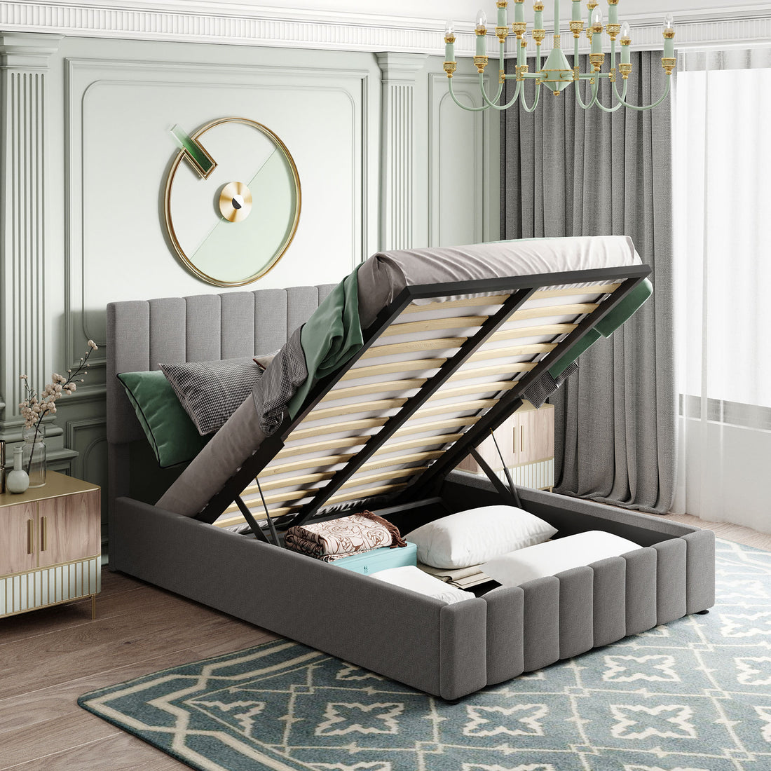 Full Size Upholstered Platform Bed With A Hydraulic Storage System Gray Gray Upholstered