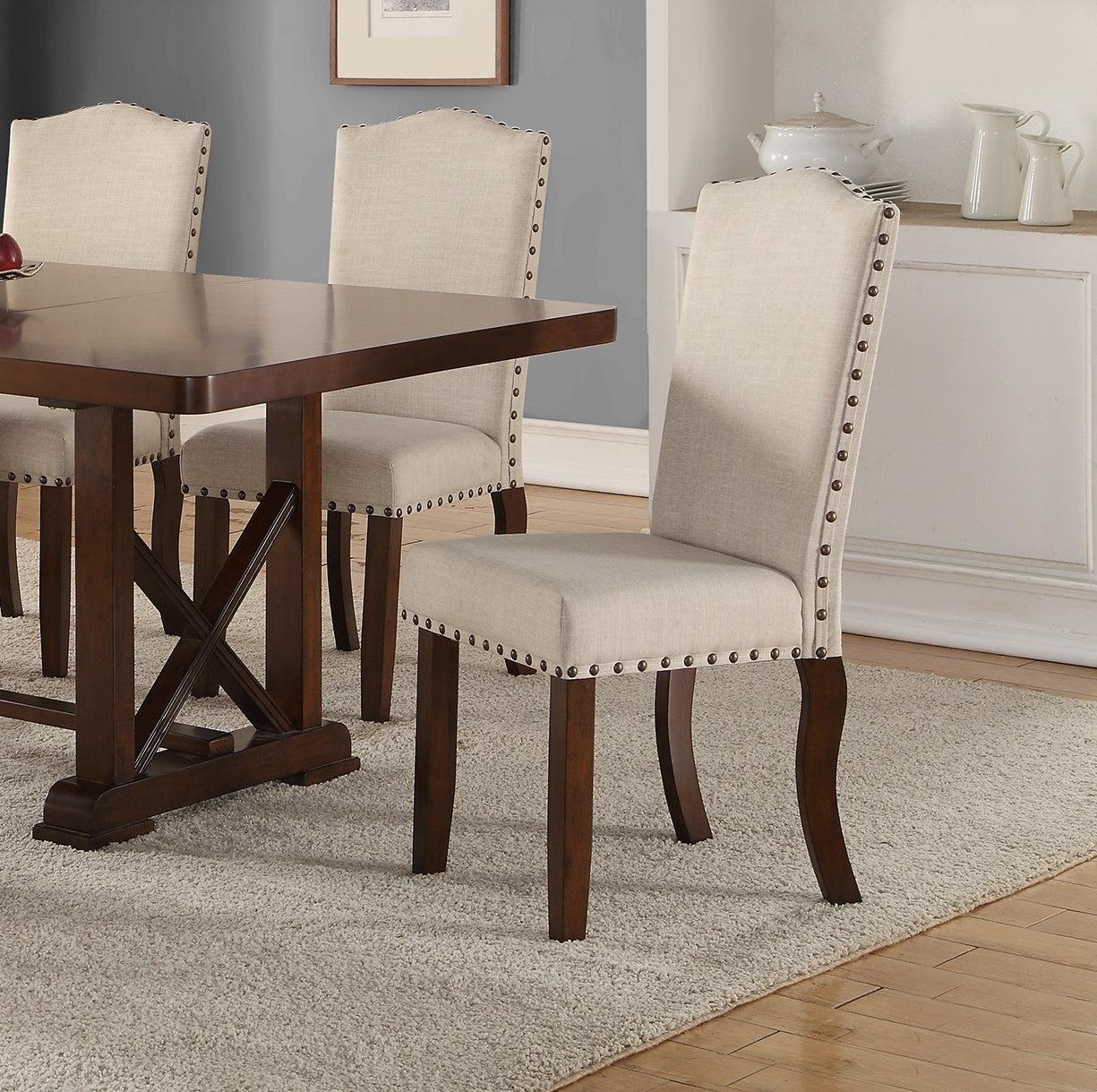 Classic Cream Upholstered Cushion Chairs Set Of 2Pc Dining Chair Nailheads Solid Wood Legs Dining Room Cream Brown Dining Room Classic,Modern Dining Chairs Rubberwood Solid Back Solid Wood