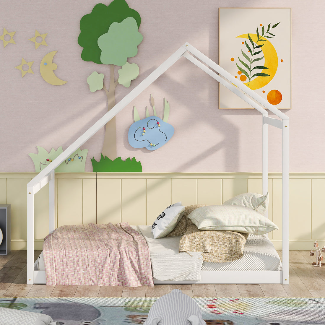 Full Size Wooden House Bed, White White Solid Wood