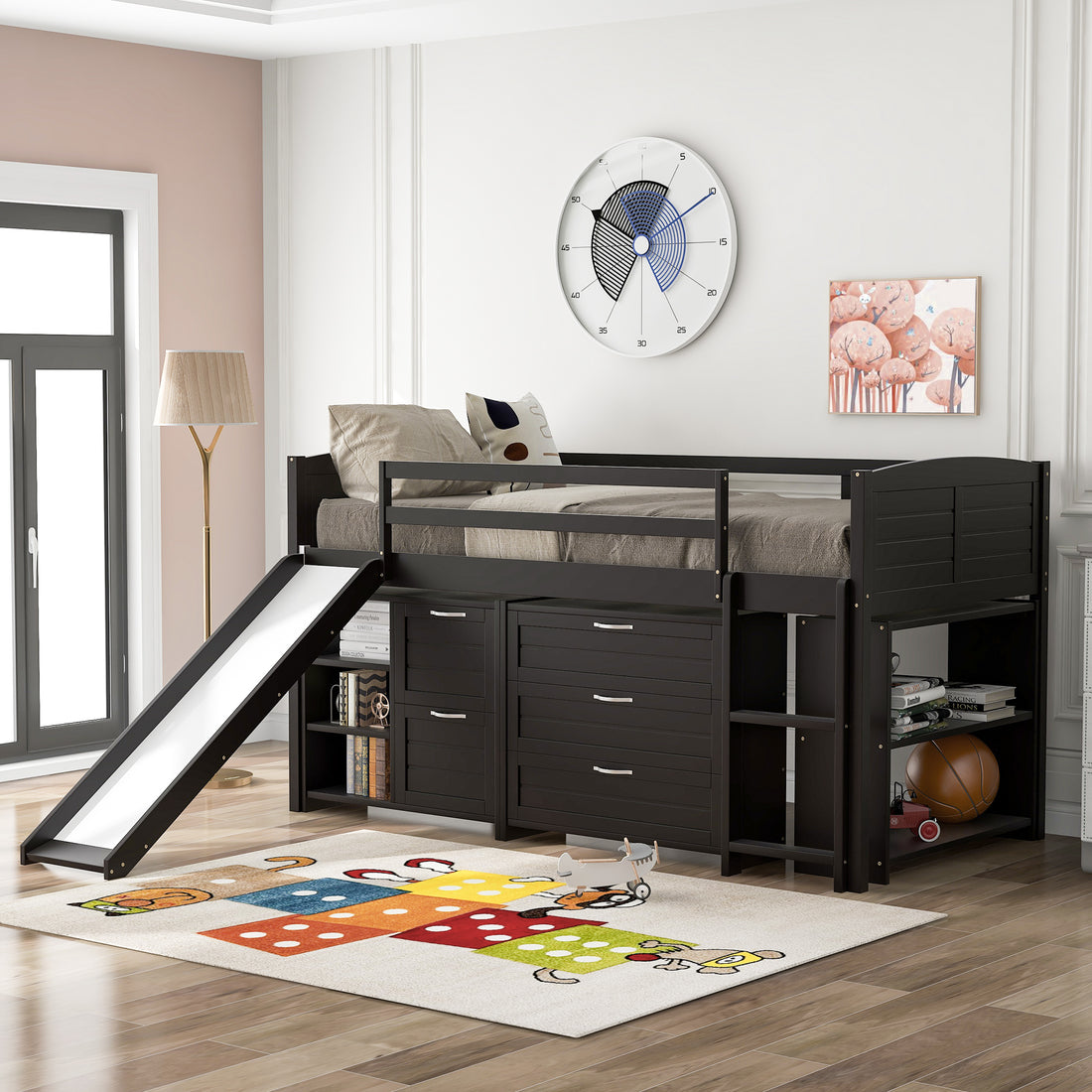 Low Twin Size Loft Bed With Cabinets, Shelves And Slide Espresso Old Sku :Lp000503Aap Espresso Solid Wood