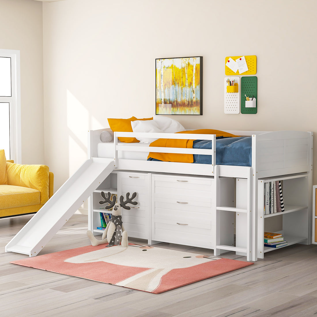 Low Twin Size Loft Bed With Cabinets, Shelves And Slide White Old Sku :Lp000503Aak White Solid Wood