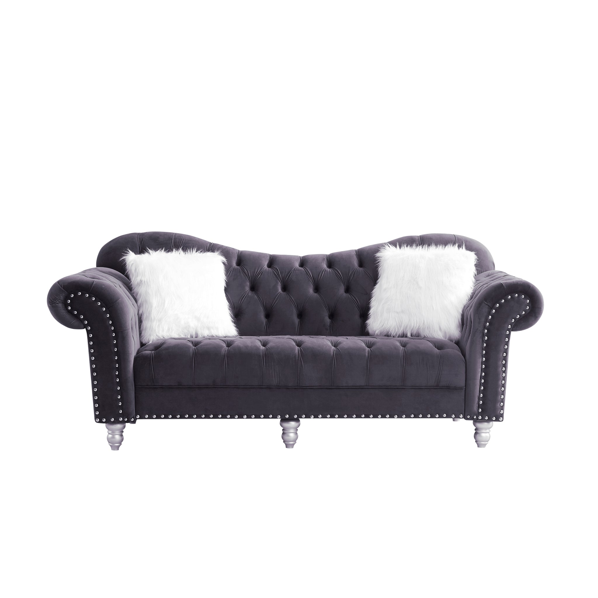 3 Piece Living Room Sofa Set, Including 3 Seater Sofa, Loveseat And Sofa Chair, With Button And Copper Nail On Arms And Back, Five White Villose Pillow, Grey. Grey Velvet