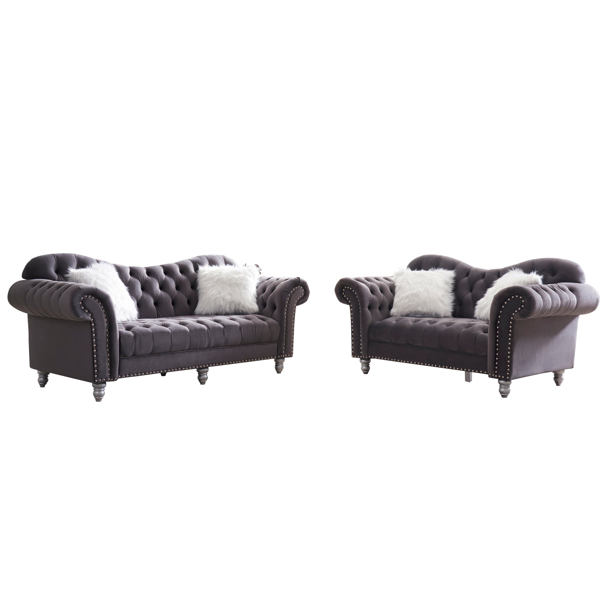 3 Piece Living Room Sofa Set, Including 3 Seater Sofa, Loveseat And Sofa Chair, With Button And Copper Nail On Arms And Back, Five White Villose Pillow, Grey. Grey Velvet
