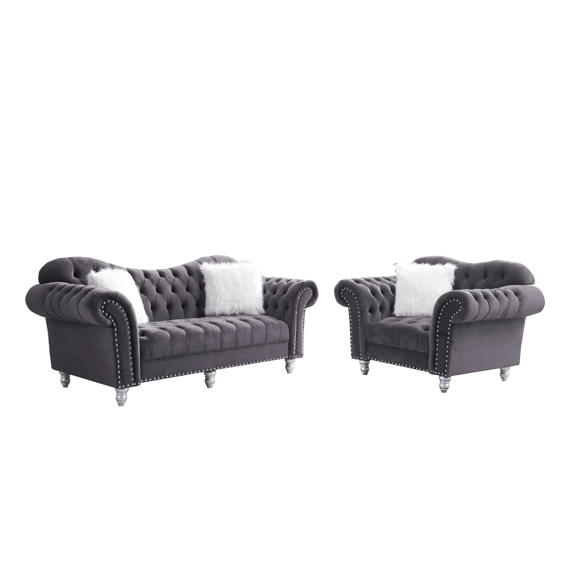 3 Piece Living Room Sofa Set, Including 3 Seater Sofa, Loveseat And Sofa Chair, With Button And Copper Nail On Arms And Back, Five White Villose Pillow, Grey. Grey Velvet