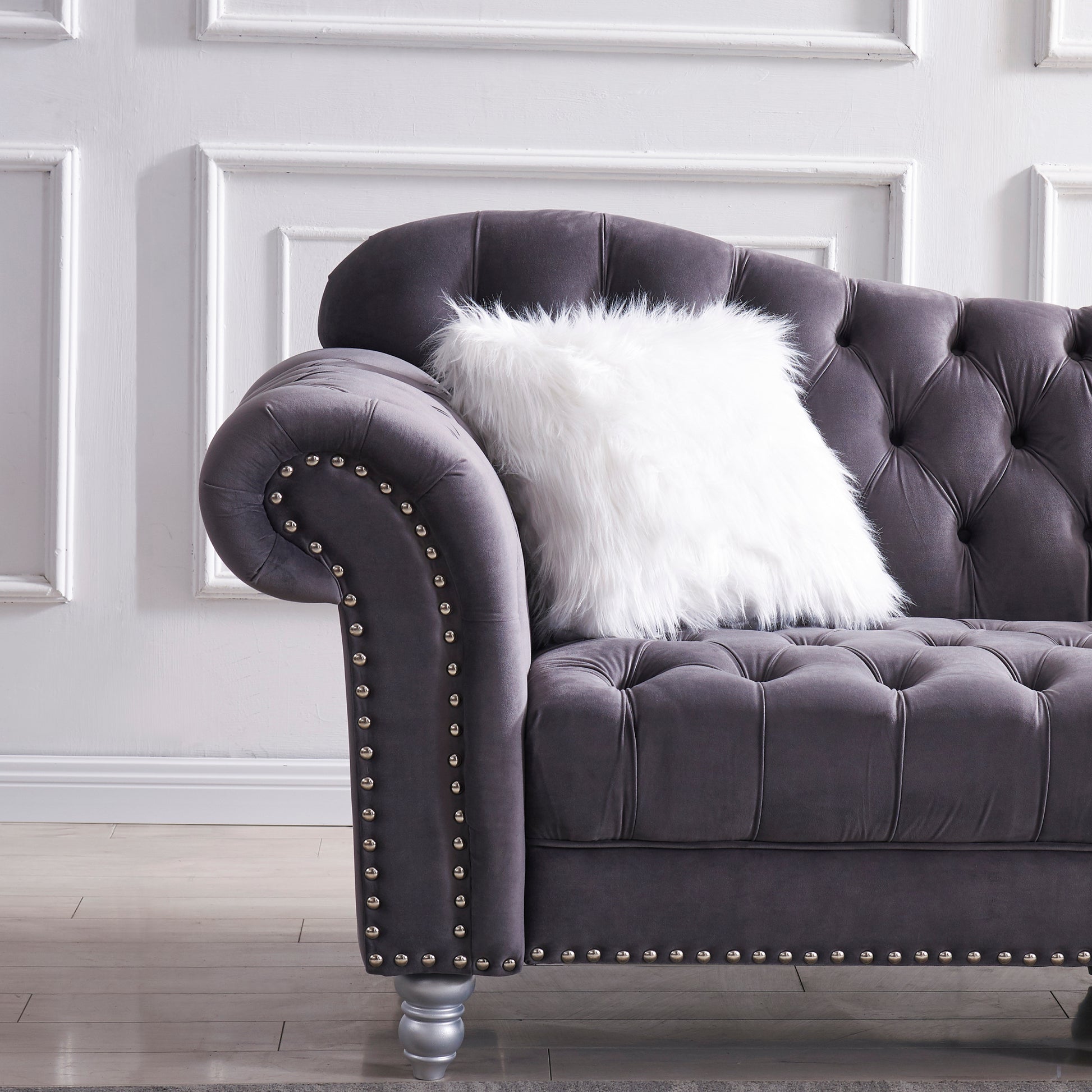 3 Piece Living Room Sofa Set, Including 3 Seater Sofa, Loveseat And Sofa Chair, With Button And Copper Nail On Arms And Back, Five White Villose Pillow, Grey. Grey Velvet